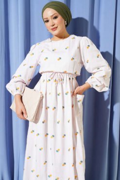 Alternative view of Pineapple Patterned Dress with Elastic Waistband and Striped Design Yellow