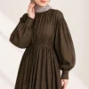 Belted Vertical Pleated Dress Brown – Image 2