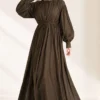 Belted Vertical Pleated Dress Brown – Image 3