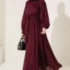 Belted Vertical Pleated Dress Burgundy