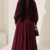Belted Vertical Pleated Dress Burgundy - Imagen 4
