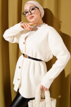 Button-Up Fuzzy Knit Cardigan with Elastic Waistband Ecru