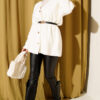 Button-Up Fuzzy Knit Cardigan with Elastic Waistband Ecru - Image 2