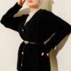 Button-Up Fuzzy Knit Cardigan with Elastic Waistband Black