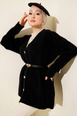Button-Up Fuzzy Knit Cardigan with Elastic Waistband Black