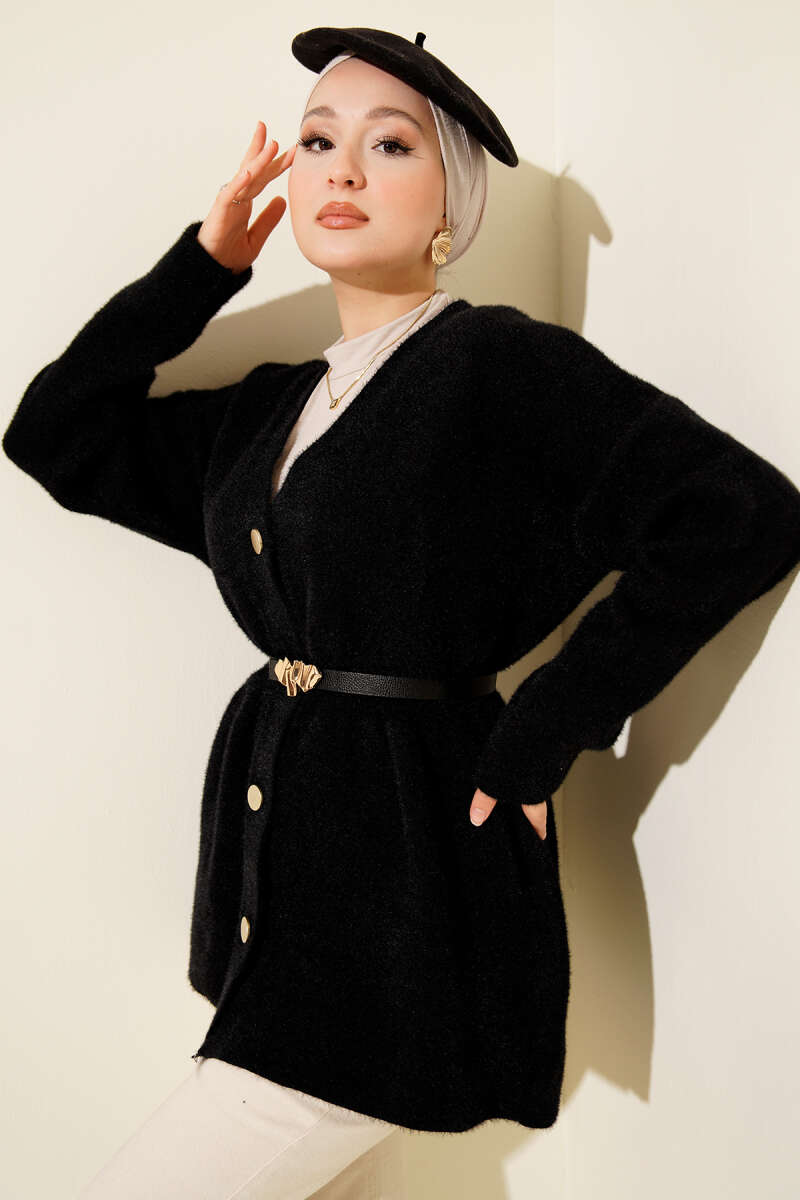 Button-Up Fuzzy Knit Cardigan with Elastic Waistband Black