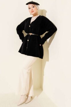 Alternative view of Button-Up Fuzzy Knit Cardigan with Elastic Waistband Black