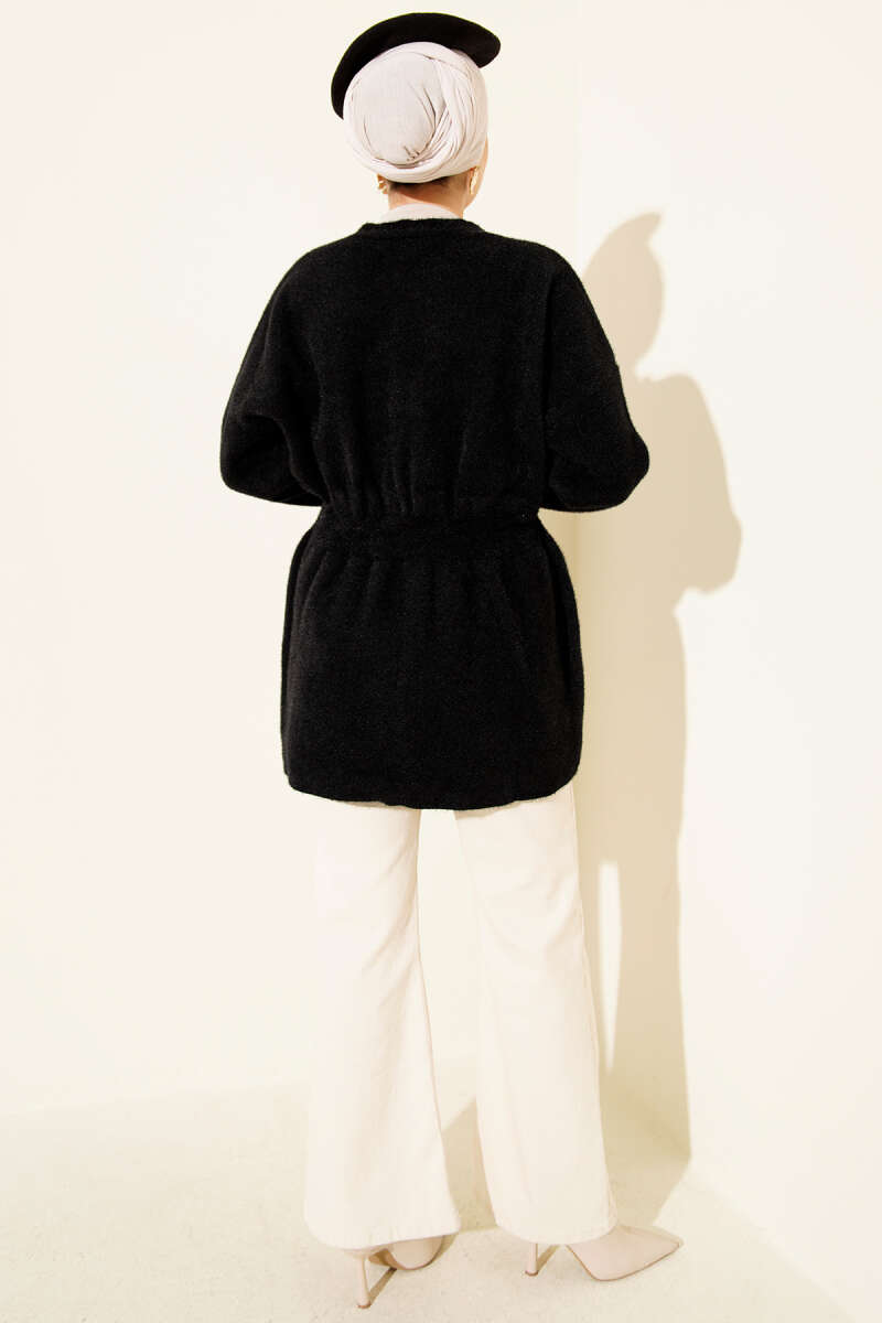 Button-Up Fuzzy Knit Cardigan with Elastic Waistband Black - immagine 3
