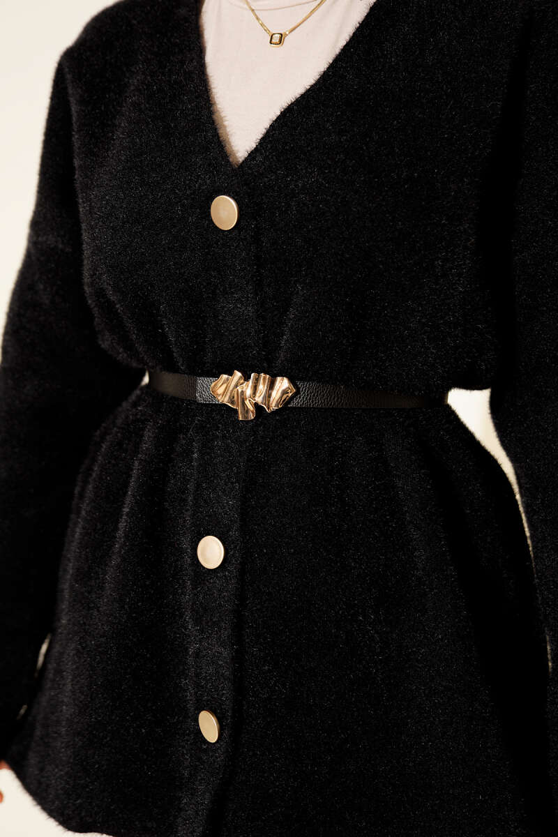 Button-Up Fuzzy Knit Cardigan with Elastic Waistband Black - immagine 4