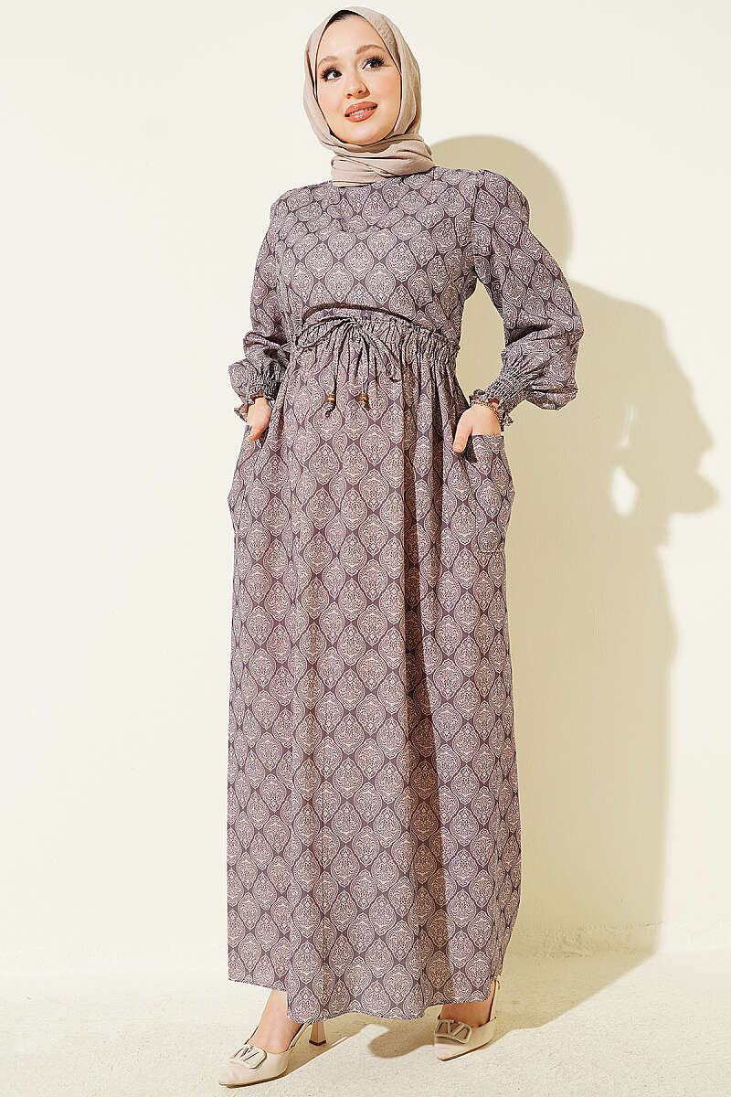 Ethnic Pattern Dress with Elastic Waistband Mink