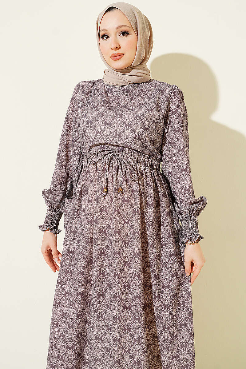 Ethnic Pattern Dress with Elastic Waistband Mink - الصورة 2