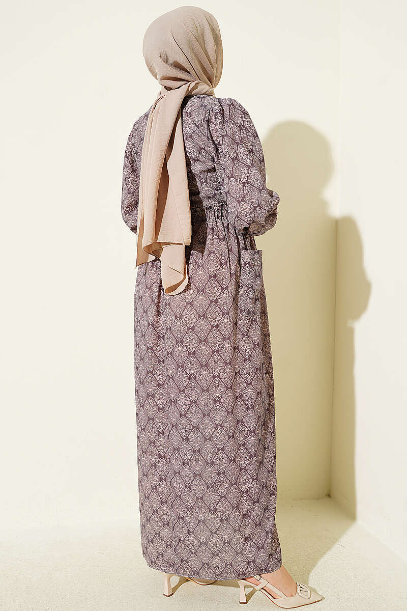 Ethnic Pattern Dress with Elastic Waistband Mink - الصورة 3