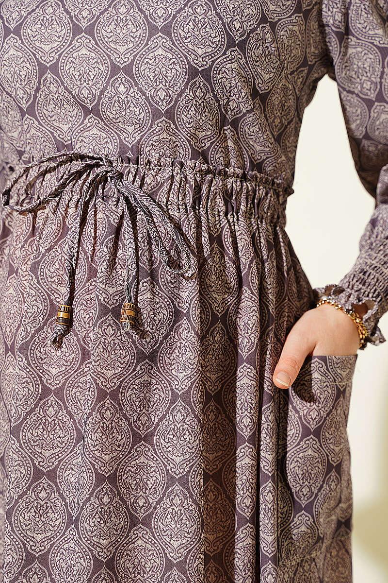 Ethnic Pattern Dress with Elastic Waistband Mink - الصورة 4
