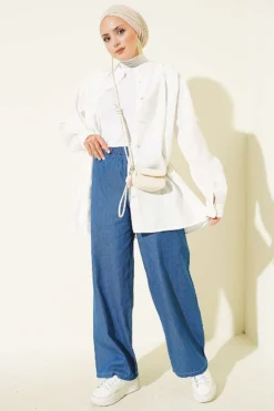 Alternative view of High-Waisted Elastic Waist Wide Leg Denim Trousers Denim