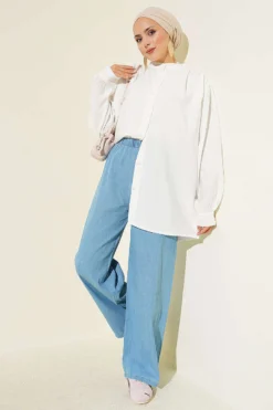 Alternative view of High-Waisted Elastic Waist Wide Leg Denim Trousers Denim Blue