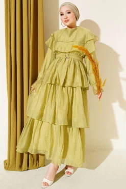 Belted Ruffled Dress with Elastic Waistband Greenery