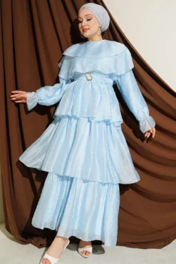 Belted Ruffled Dress with Elastic Waistband Blue