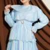 Belted Ruffled Dress with Elastic Waistband Blue – Image 2