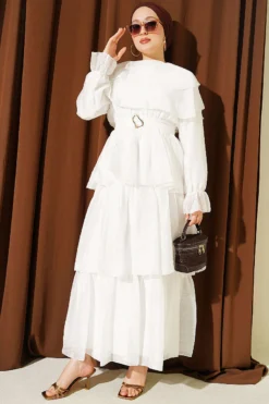 Belted Ruffled Dress with Elastic Waistband Ecru
