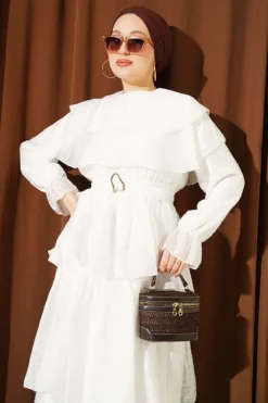Alternatieve weergave van Belted Ruffled Dress with Elastic Waistband Ecru
