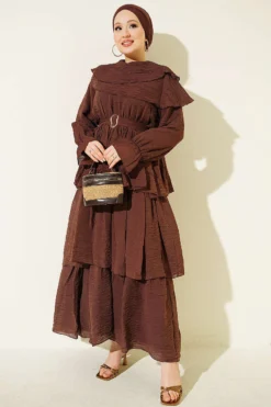 Belted Ruffled Dress with Elastic Waistband Brown