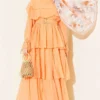 Belted Ruffled Dress with Elastic Waistband Orange