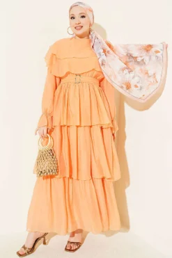 Belted Ruffled Dress with Elastic Waistband Orange