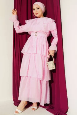 Belted Ruffled Dress with Elastic Waistband Pink