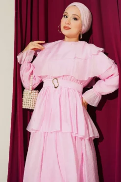 Alternatieve weergave van Belted Ruffled Dress with Elastic Waistband Pink