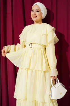 Alternatieve weergave van Belted Ruffled Dress with Elastic Waistband Yellow