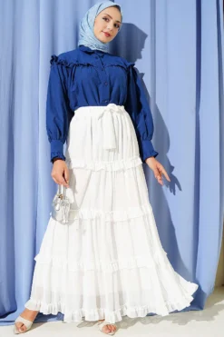 Vista alternativa di Elastic Waistband Belted Chiffon Skirt Ecru