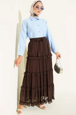 Vista alternativa di Elastic Waistband Belted Chiffon Skirt Brown
