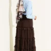 Elastic Waistband Belted Chiffon Skirt Brown - immagine 3