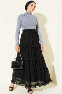 Vista alternativa di Elastic Waistband Belted Chiffon Skirt Black