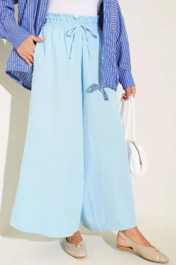 Elastic Waist Muslin Loose Pants Blue