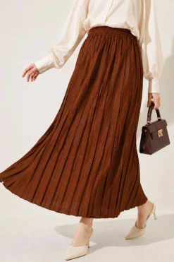 Pleated Detail Skirt with Elasticated Waistband Brown