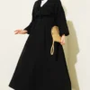 Elastic Waist V-Neck Muslin Dress Black