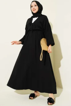 Elastic Waist V-Neck Muslin Dress Black