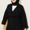 Elastic Waist V-Neck Muslin Dress Black – Bild 2