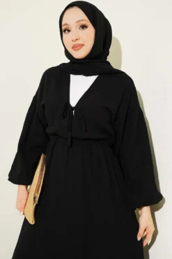 Alternatieve weergave van Elastic Waist V-Neck Muslin Dress Black