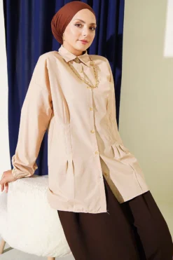 Shirt with Belt and Wrist Elastic Beige