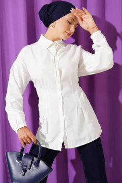 Shirt with Belt and Wrist Elastic Ecru