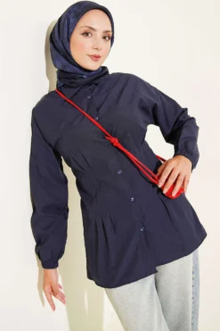 Shirt with Belt and Wrist Elastic Navy Blue