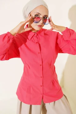 Shirt with Belt and Wrist Elastic Pomegranate Blossom