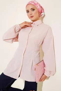 Shirt with Belt and Wrist Elastic Powder Pink