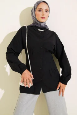 Shirt with Belt and Wrist Elastic Black
