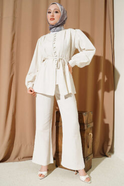 Alternative view of Belted Brit Buttoned Linen Set Beige