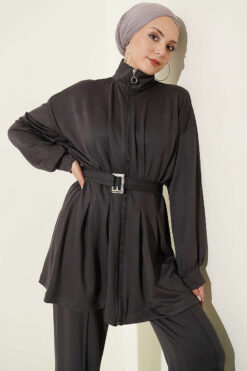 Alternative view of Waist-Detail Zippered Two-Piece Set Smoke