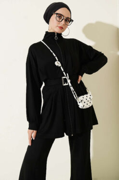 Alternative view of Waist-Detail Zippered Two-Piece Set Black