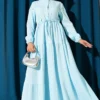 Belted Buttoned Tree Bark Dress Baby Blue